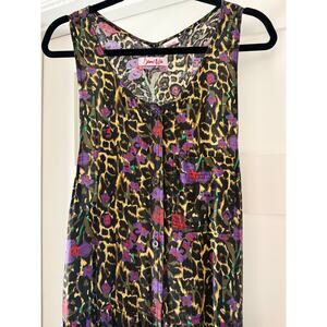 Vintage 90s Leopard Floral Maxi Dress Rayon Grunge Button Front Large